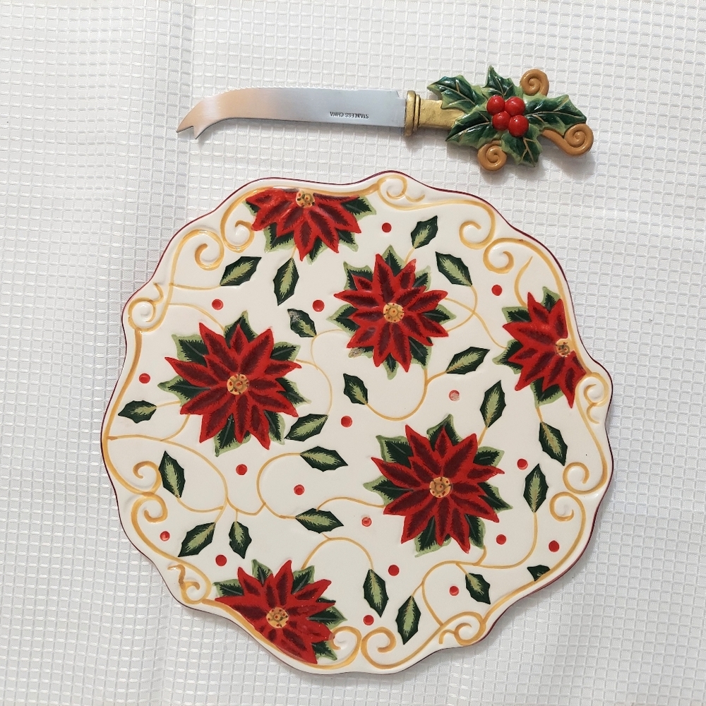 Vintage Cheese plate Knife Set Hordeorve Tray Christmas Poinsetta Holiday
